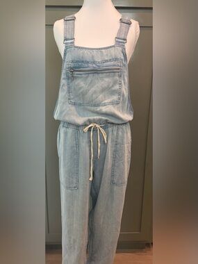 Light Wash Denim Jumpsuit with Drawstring Waist